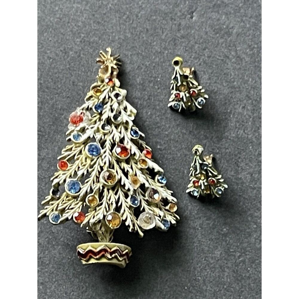 ART Arthur Pepper Brooch Pin Set Christmas Tree signed Gold tone Rhinestone Vtg